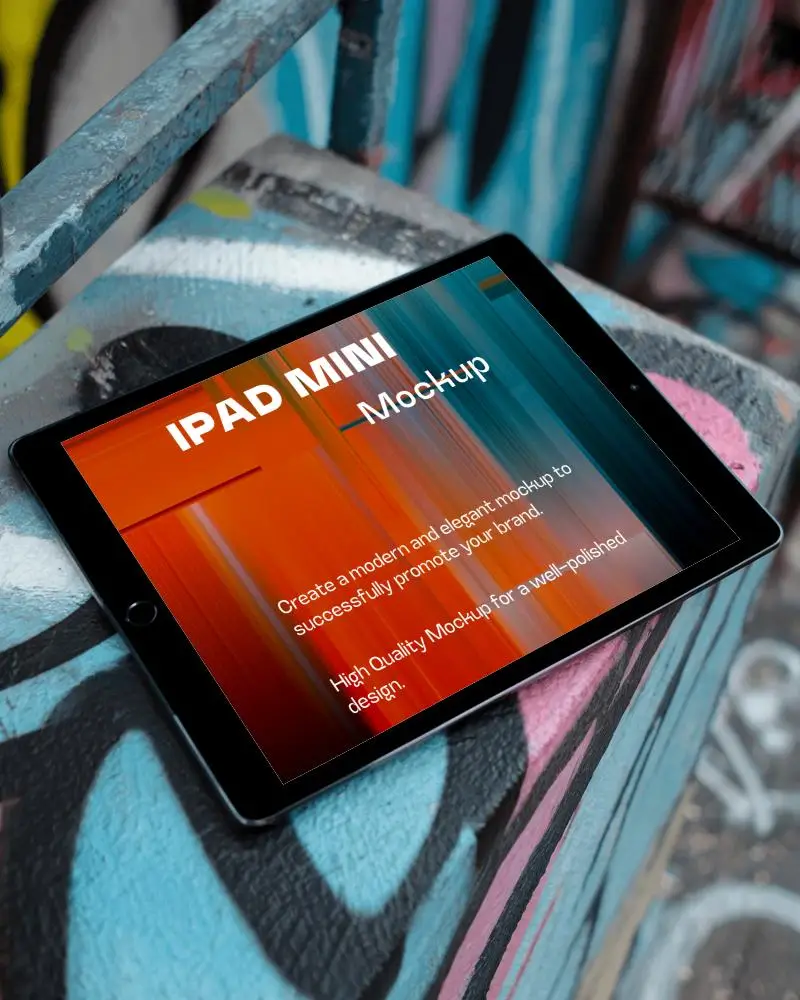 Urban Ipad Mockup Digital Tablet On Graffiti Covered Surface Showcasing Celestial Artwork Neon Moon And Stars Street Style Aesthetic