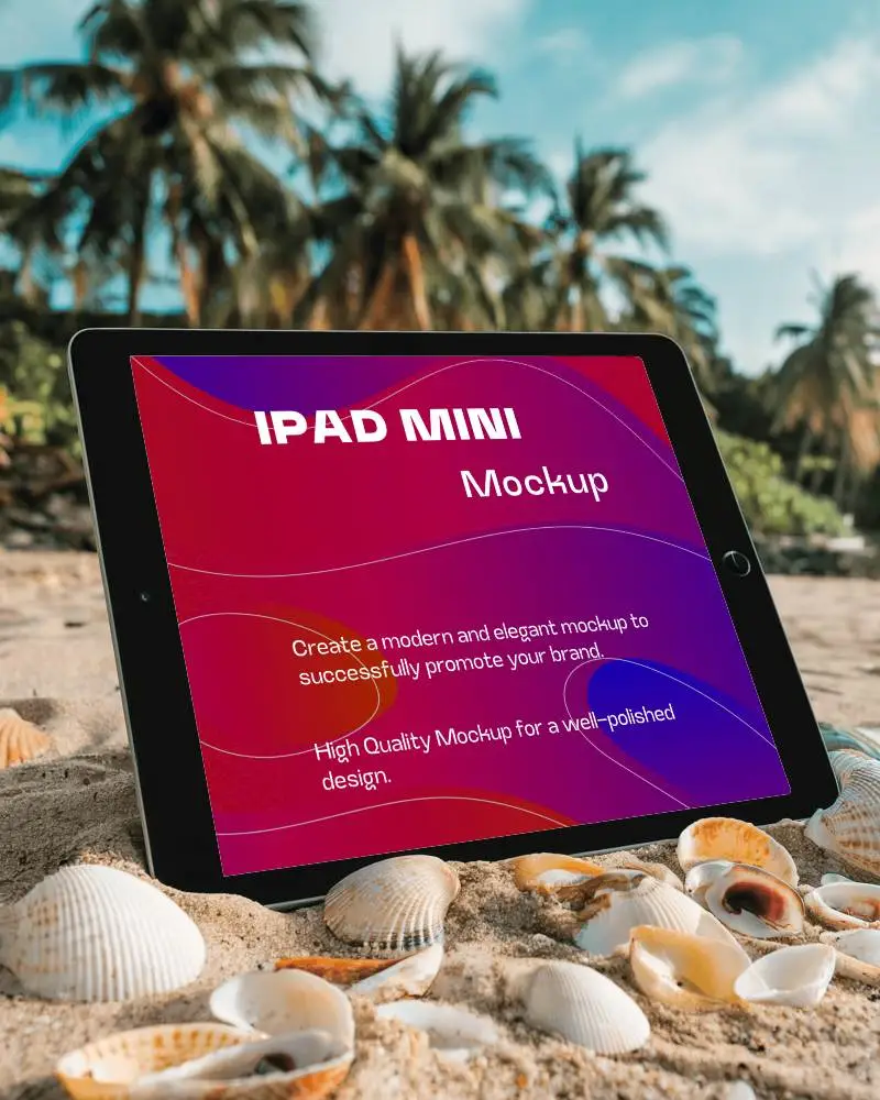 Beachside Ipad Mockup Digital Tablet On Sandy Shore Surrounded By Seashells Showcasing Glowing Whale Art Tropical Paradise Vibes