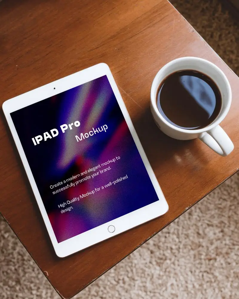 Cozy Tabletop Ipad Mockup White Tablet On Wooden Surface Next To Steaming Coffee Cup Warm And Minimalist Workspace Setup