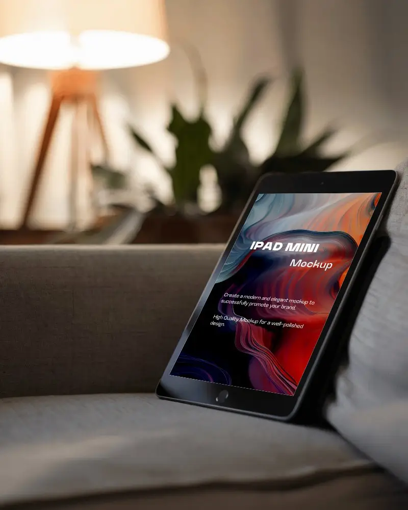 Cozy Living Room Ipad Mockup Digital Tablet Resting On Couch With Warm Lamp Lighting And Soft Home Ambience Relaxed Evening Vibes