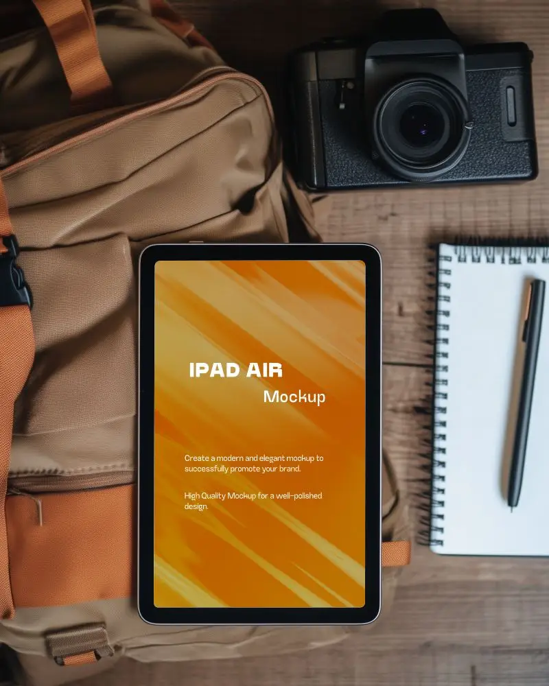 Travel Adventure Ipad Mockup Digital Tablet On Wooden Surface With Backpack Camera And Notebook Exploration And Creative Journey Vibes