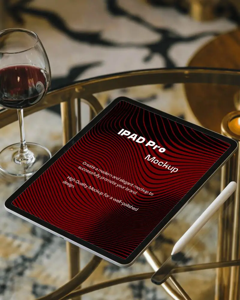 Luxury Ipad Mockup Digital Tablet On Elegant Glass Table With Wine Glass And Stylus Showcasing Surreal Floating Tree Artwork Cosmic Dreamlike Aesthetic