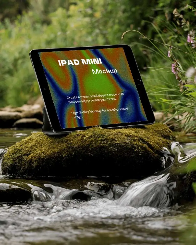 Adventurous Ipad Mockup Digital Device On Wet Stone Amidst Flowing Water And Vibrant Forest Backdrop