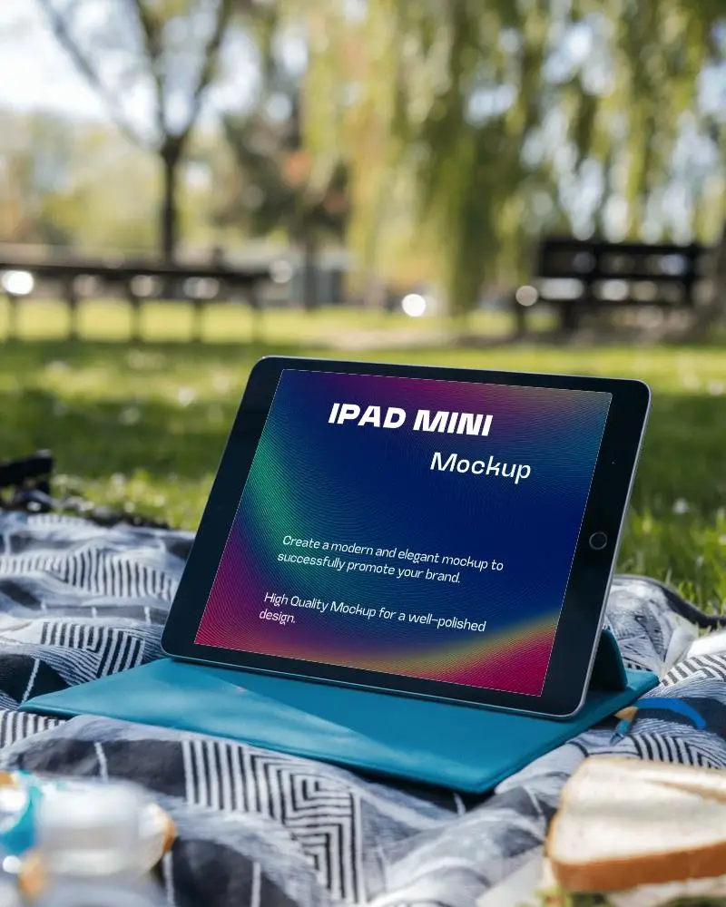 Cozy Picnic Ipad Mockup Digital Device On Patterned Blanket With Snacks And Serene Park Background