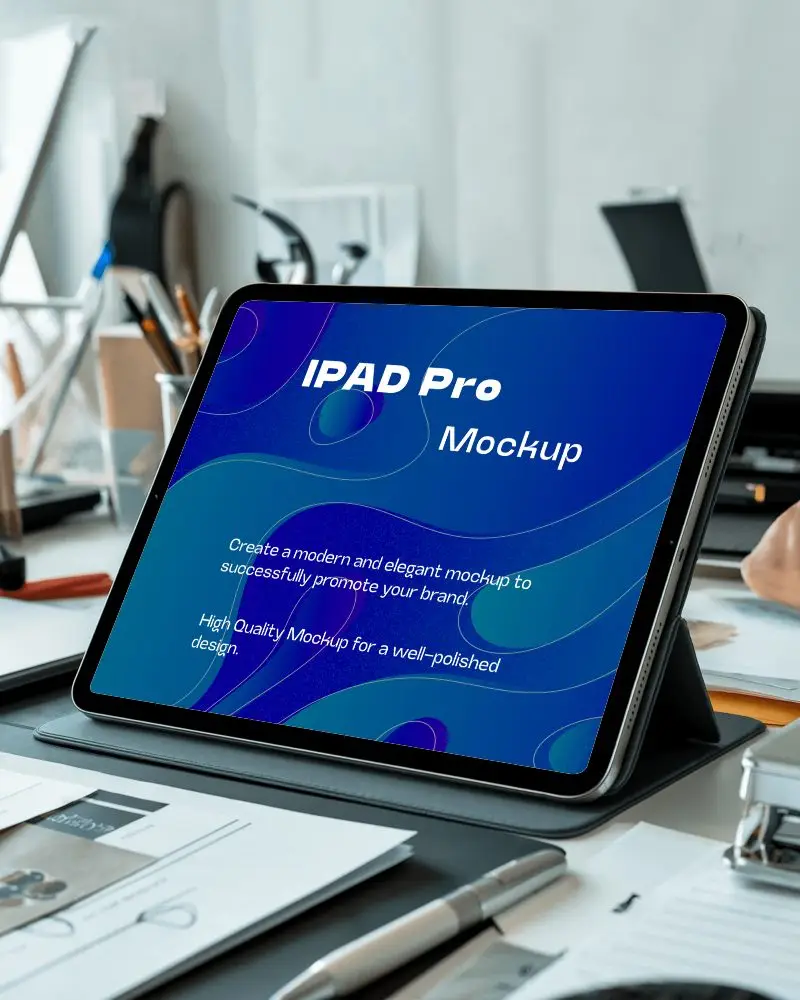 Creative Workspace Ipad Mockup Digital Tablet On Designers Desk With Sketches Pens And Office Supplies