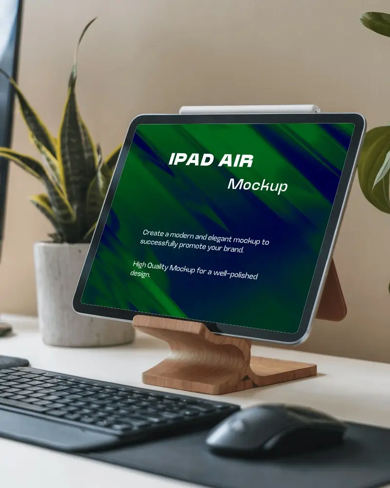 Modern Desk Ipad Mockup Digital Tablet On Wooden Stand With Keyboard Mouse And Greenery