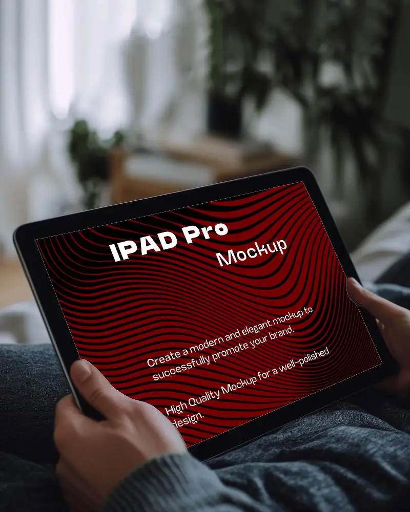 Comfortable Lifestyle Ipad Mockup Hands Holding Digital Tablet In Relaxed Home Setting With Blurred Background