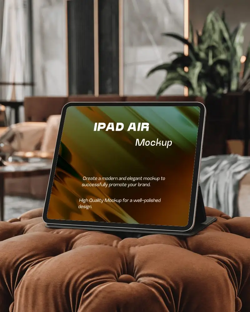 Luxury Ipad Mockup Digital Tablet On Plush Brown Velvet Ottoman In Elegant Living Space