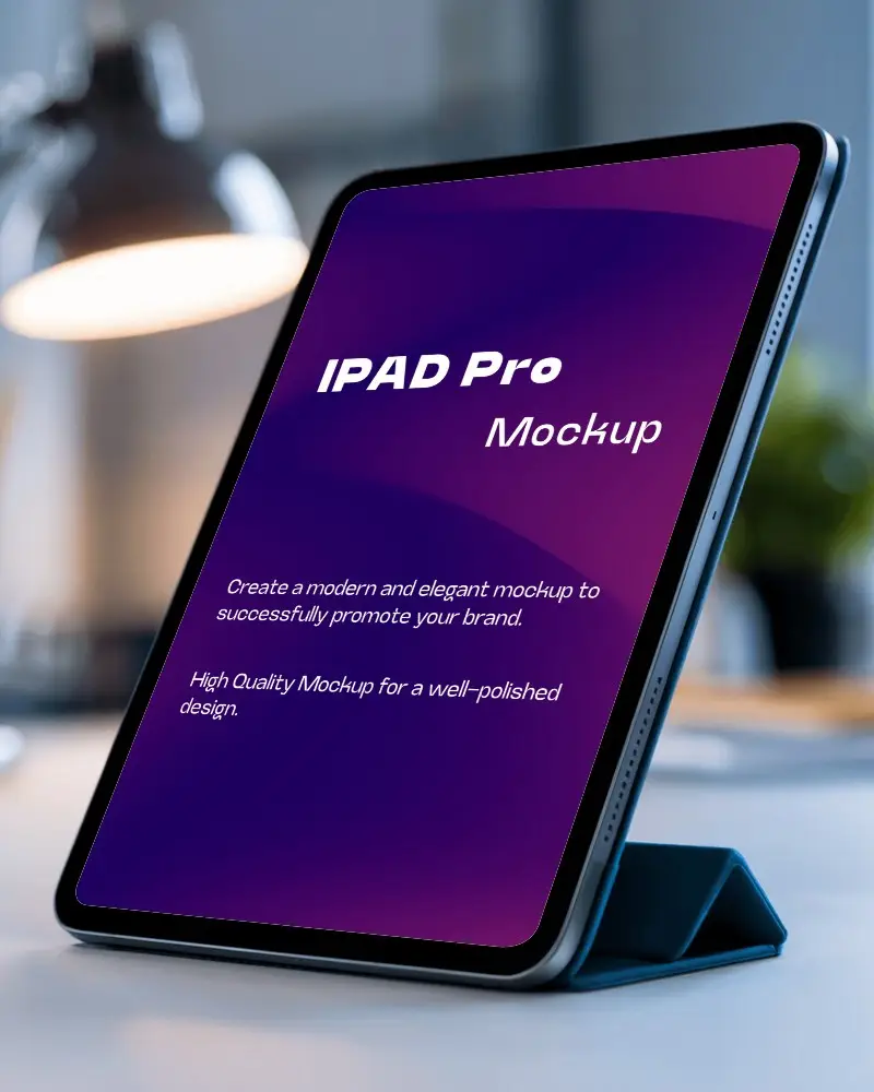 Elegant Home Office Ipad Mockup Tablet In Upright Position With Warm Ambient Lighting And Modern Aesthetic
