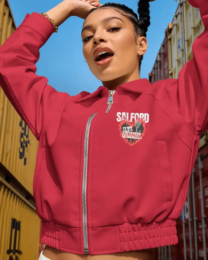 Trendy Cropped Jacket For Women With Elastic Waist And Zipper Closure Perfect For Streetwear
