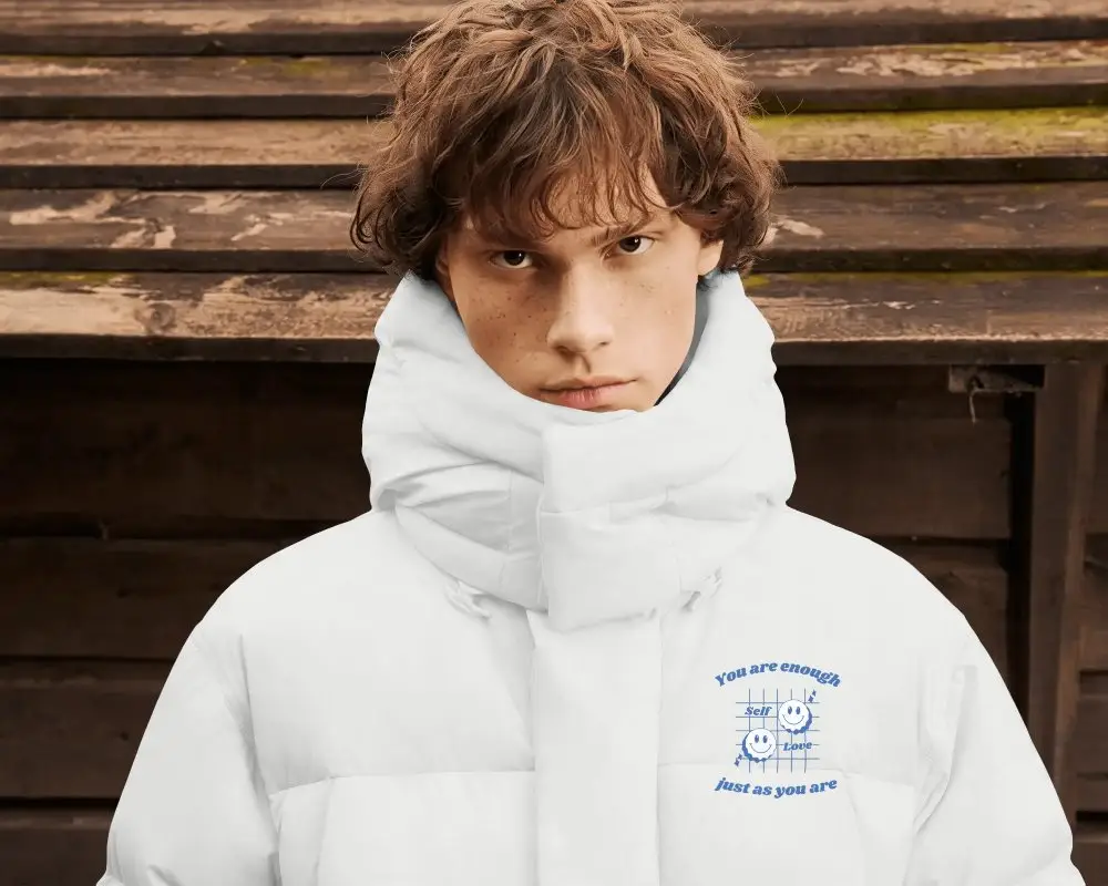 Winter Wear Puffer Jacket Mockup With High Collar For Extreme Weather And Cold Climate Protection