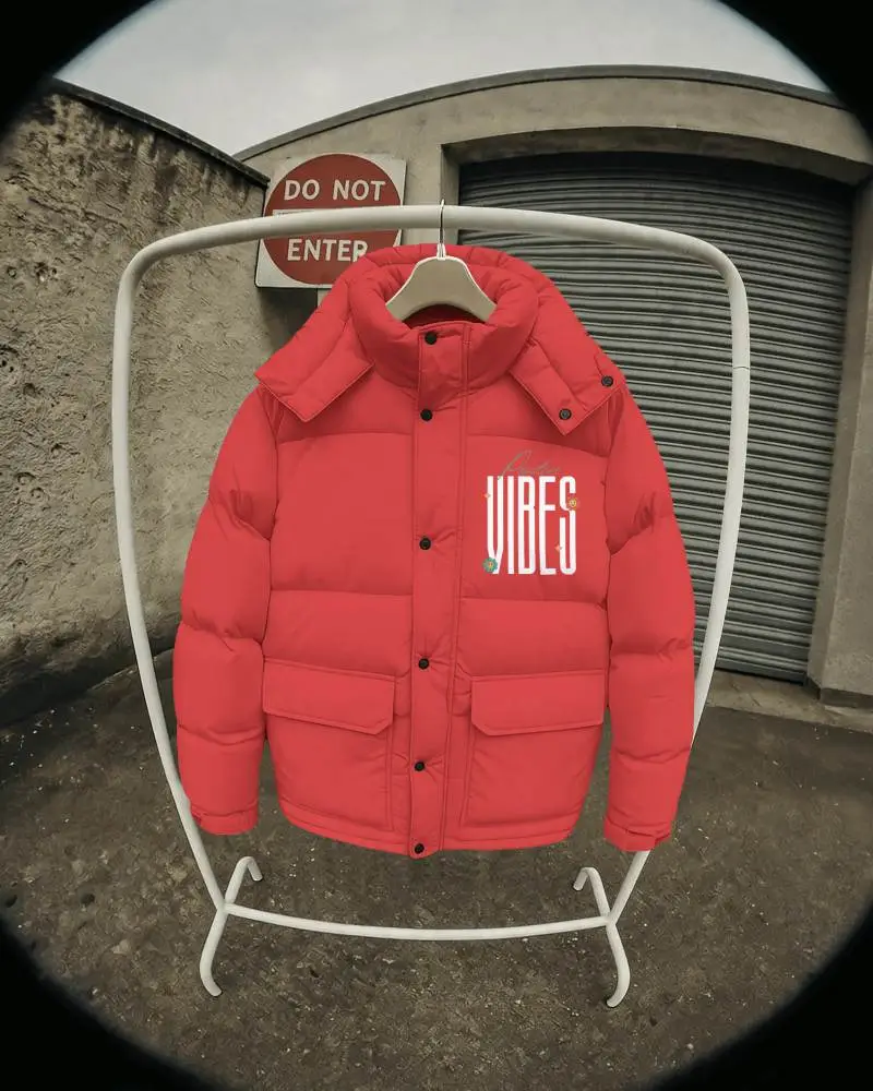 Warm Quilted Puffer Jacket Mockup With High Neck And Adjustable Cuffs For Cold Weather