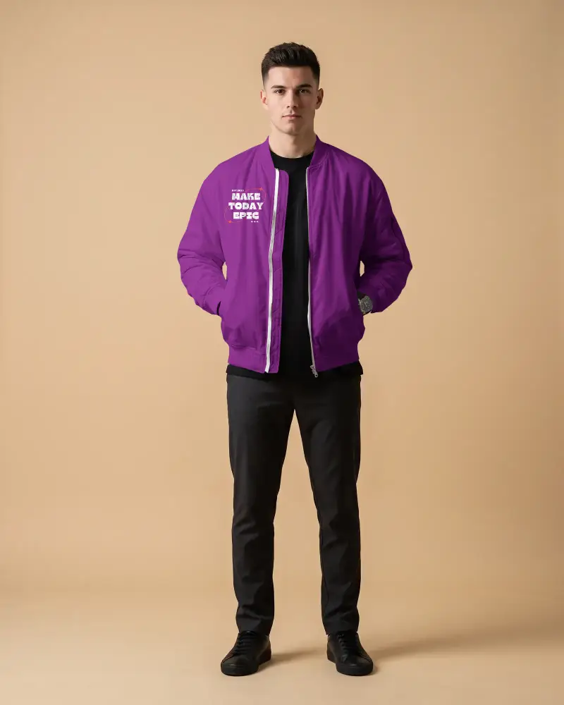 Modern Mens Bomber Jacket Mockup View Long Pants Stylish Casual Wear Urban Fashion Trends