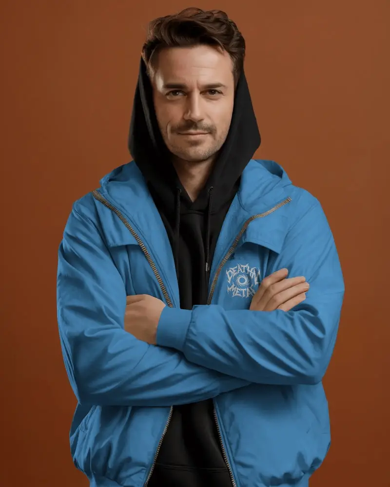 Stylish Men Windbreaker Jacket Mockup With Hoodie Layer Casual Wear For Outdoor Activity Season