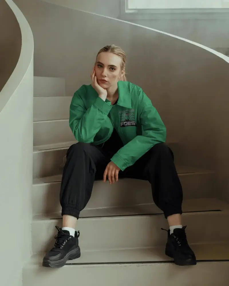 Relaxed Urban Fashion Outfit Women Jacket Mockup Pant Sitting On Steps Contemporary Style