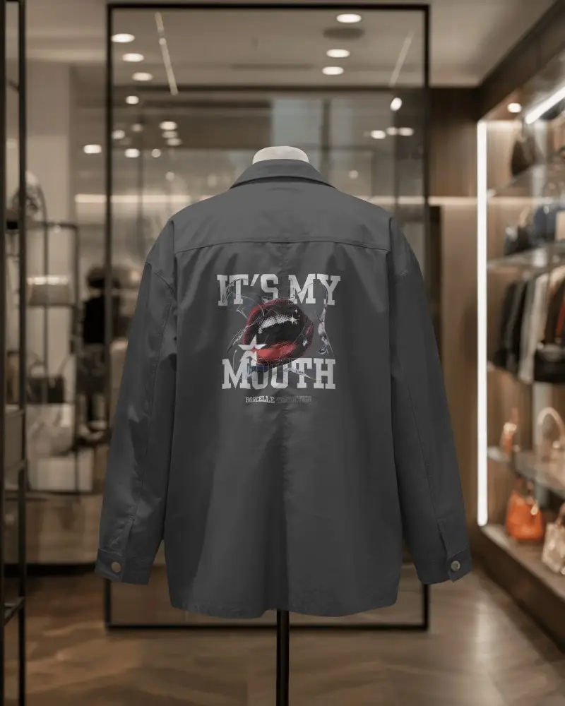 Retail Showroom Jacket Mockup Stylish Back Angle On Stand In Contemporary Boutique Environment