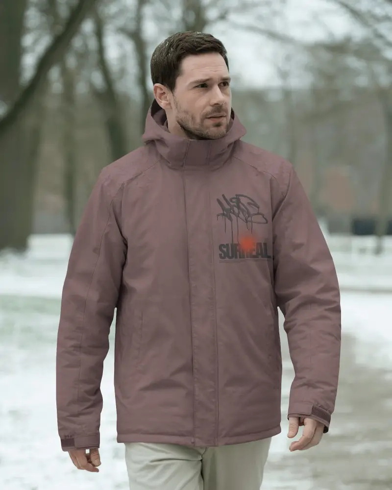 Outdoor Winter Jacket Mockup Male Model In Snowy Park Wearing Hooded Parka Cold Weather Style