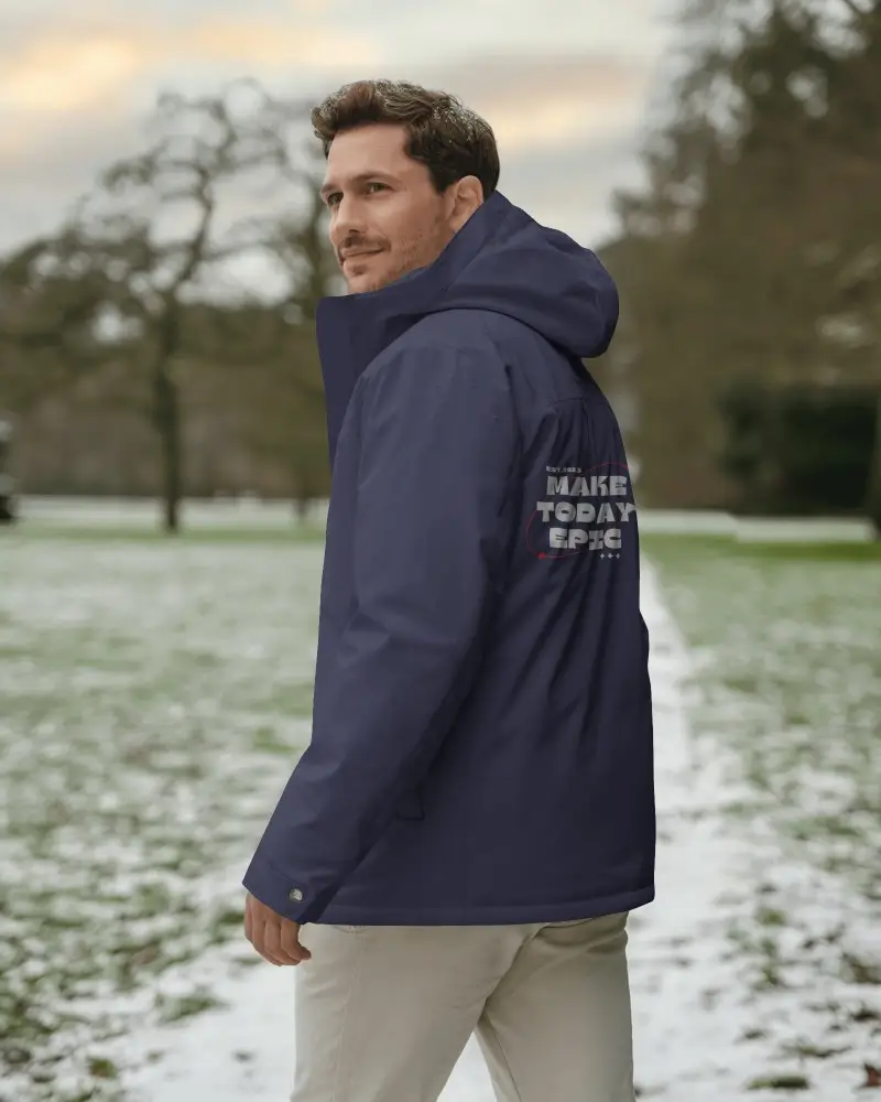 Snowy Park Jacket Mockup Male Model Back Angle Wearing Hooded Winter Parka Outdoor Lifestyle