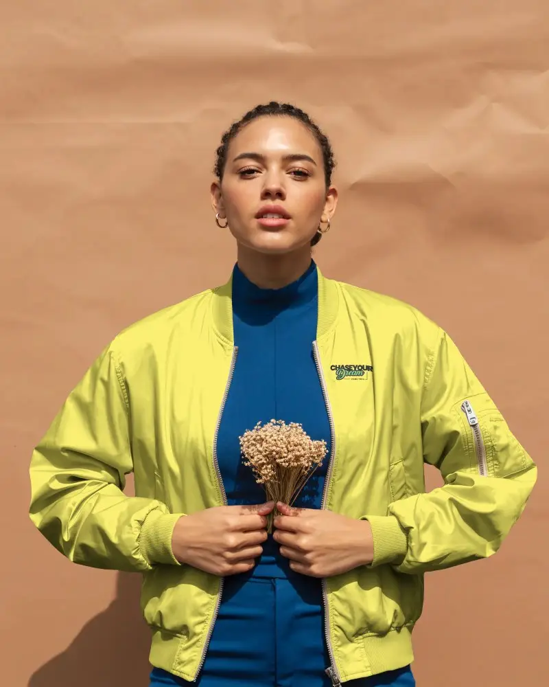 Stylish Shiny Bomber Jacket Mockup With Zippered Sleeve Pocket On A Minimalist Backdrop