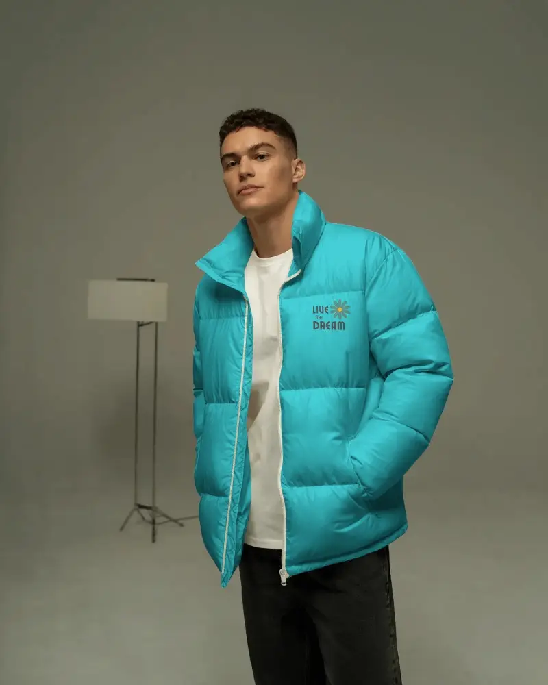 Modern Mens Casual Wear Puffer Jacket Mockup With Padded Insulation And Side Pockets
