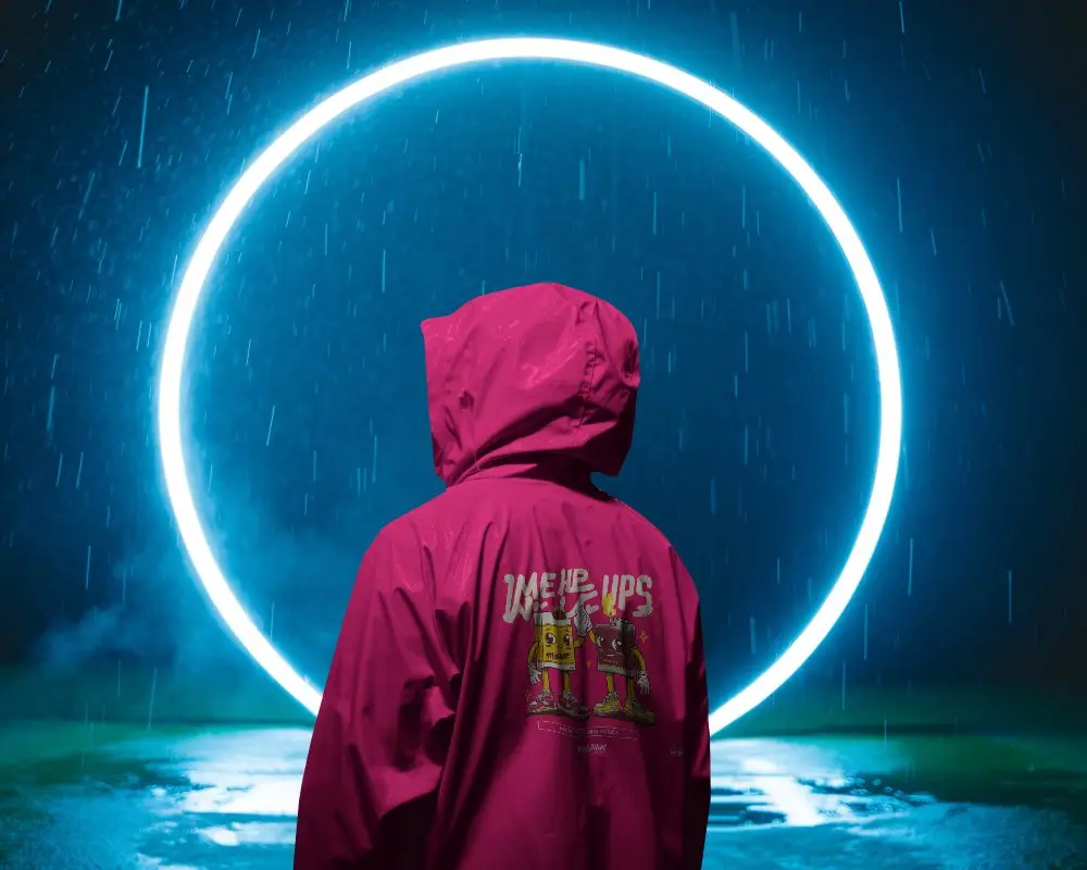 Rain Soaked Hooded Jacket Mockup Glowing Circle Backdrop Futuristic Outdoor Style