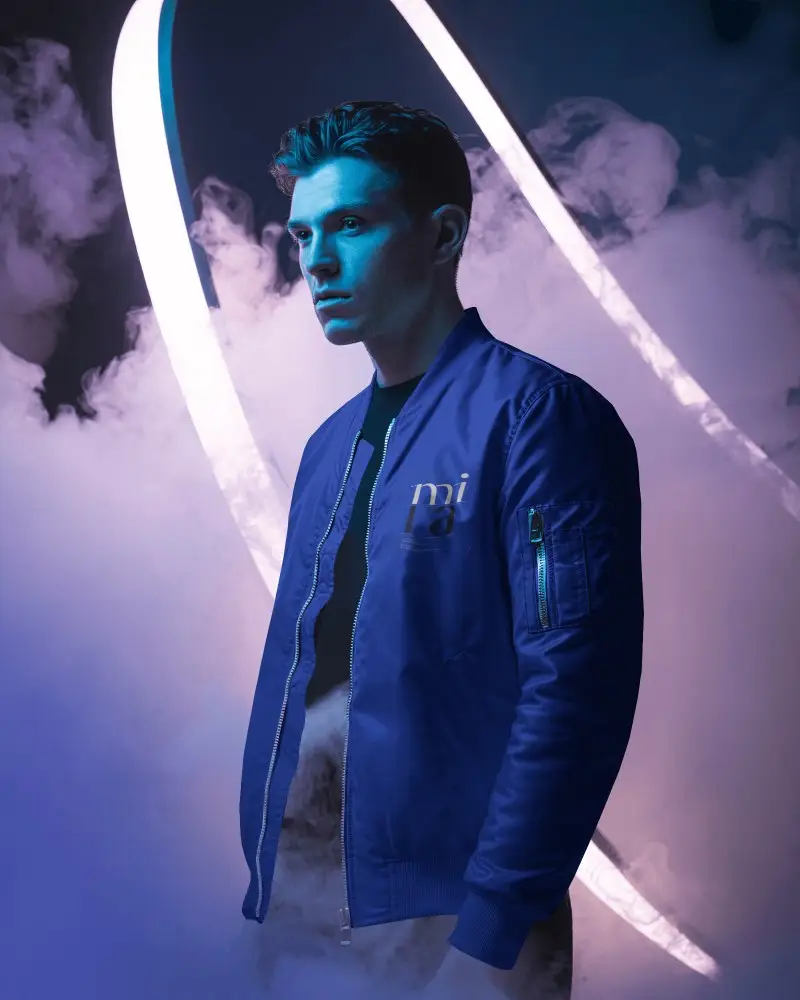 Modern Bomber Jacket Mockup Blue And Purple Lighting With Dramatic Smoke