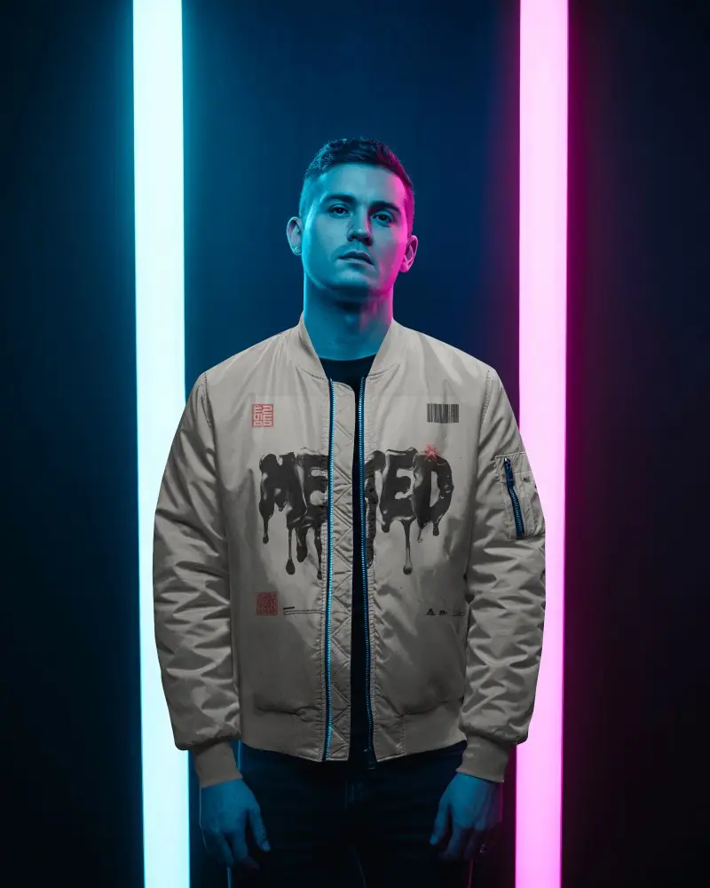 Neon Dual Light Bomber Jacket Mockup Male Model In Modern Studio Contrast