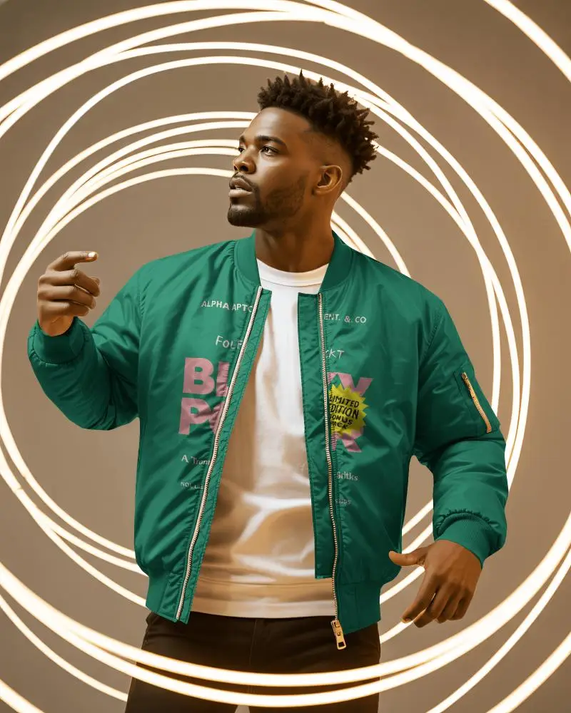 Warm Spiral Light Bomber Jacket Mockup Male Model In Dynamic Studio Motion