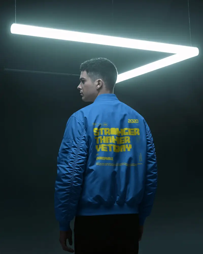 Modern Bomber Jacket Mockup Back View Under Geometric Neon Lighting