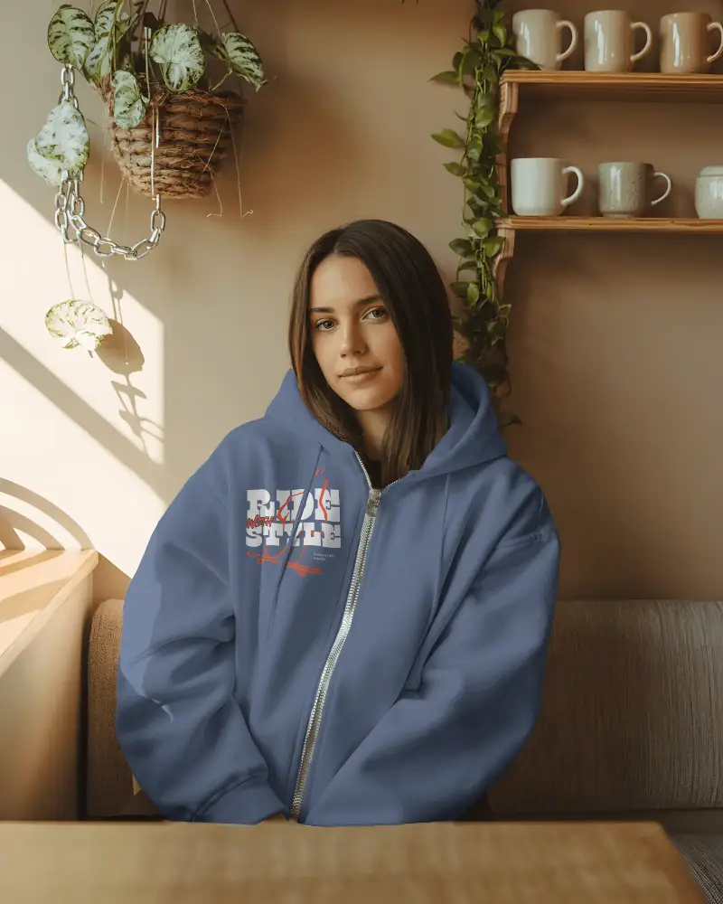 Trendy Relaxed Fit Zip Up Jacket Mockup With Adjustable Cord And Comfortable Cuffed