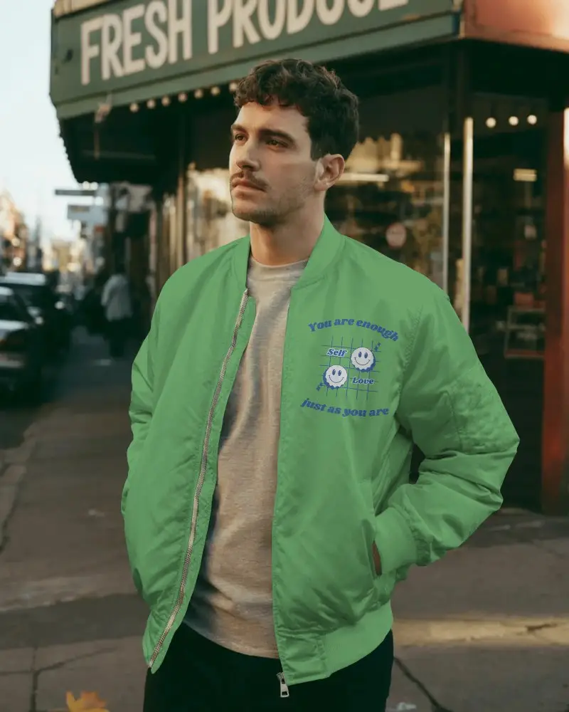 Street Style Men Bomber Jacket Mockup Midweight Fashionable Outerwear For Casual Everyday Use