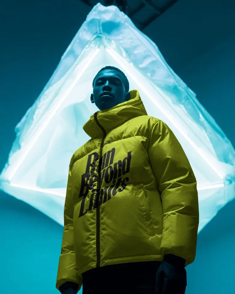 Glowing Ice Crystal Puffer Jacket Mockup Cool Blue Studio With Geometric Light