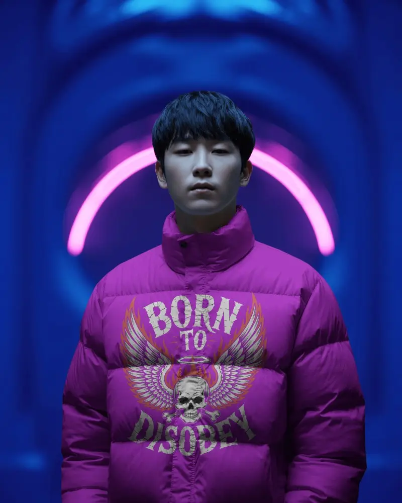 Premium Puffer Jacket Mockup Male Model Korean Cool Toned Ambient Light And Magenta Arc