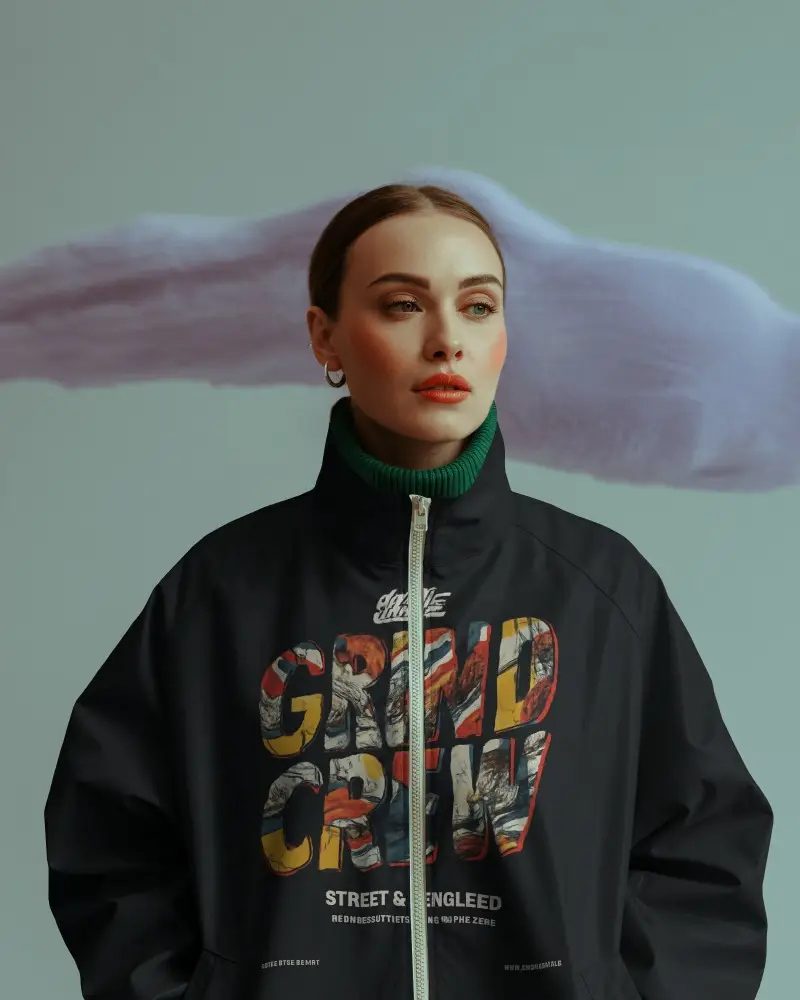 Studio Fashion Jacket Mockup Female Model Looking Sideways Minimal Art Background Modern Editorial