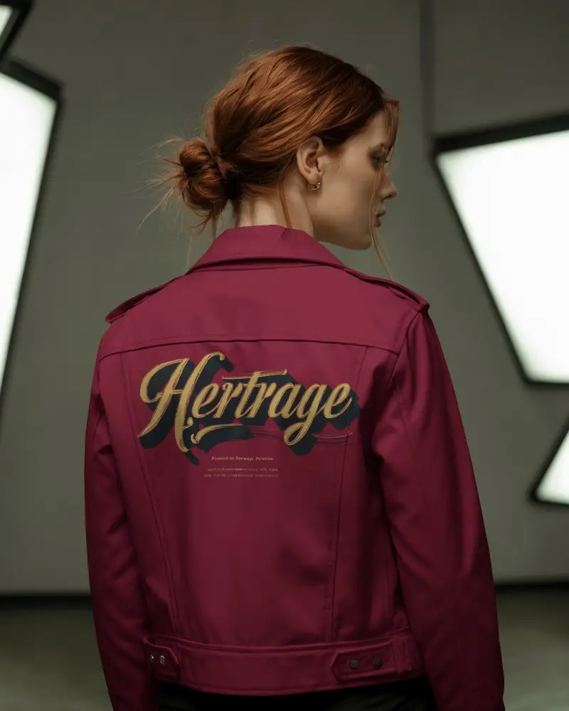 Back View Leather Jacket Mockup Female Model In Modern Studio Lighting Clean Fashion Focus