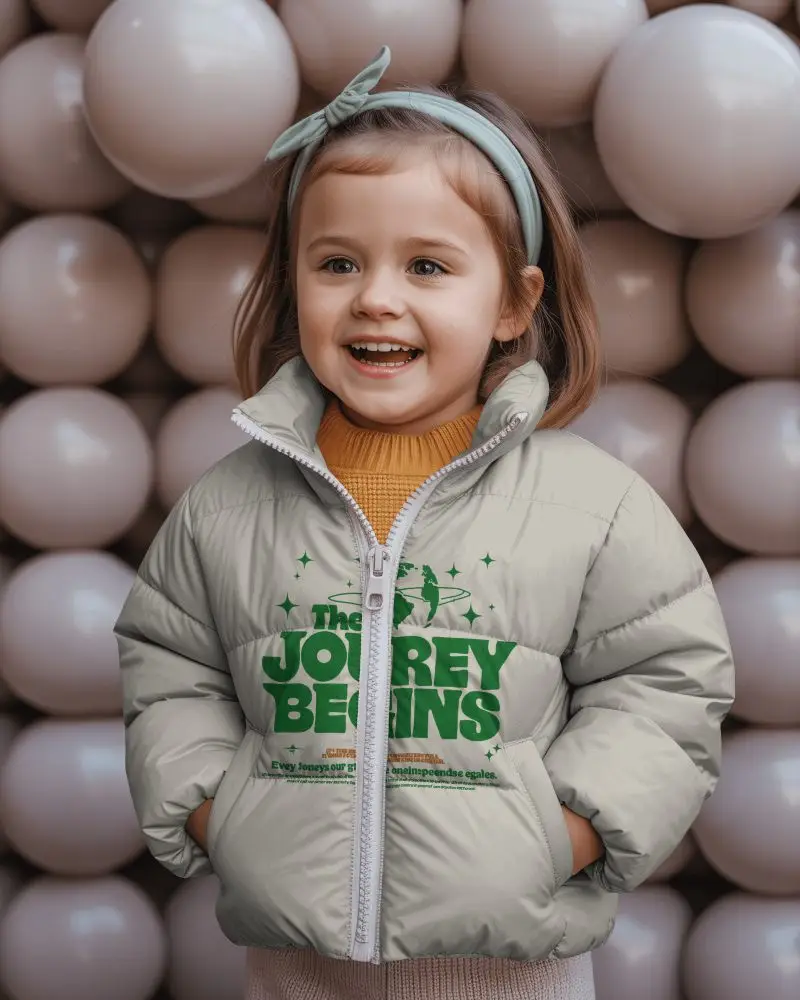 Kids Puffer Jacket Mockup Smiling Toddler Girl In Studio With Balloon Background Cute Winter Style