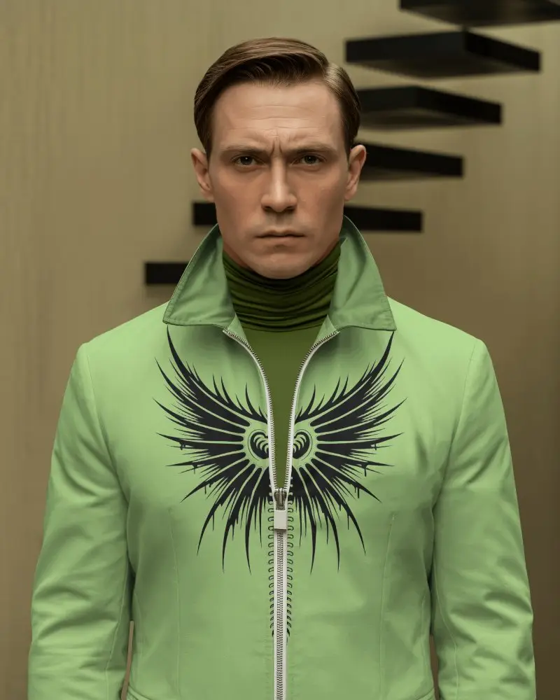 Mens Jacket Mockup Front View Serious Male Model Modern Interior Clean Editorial Style