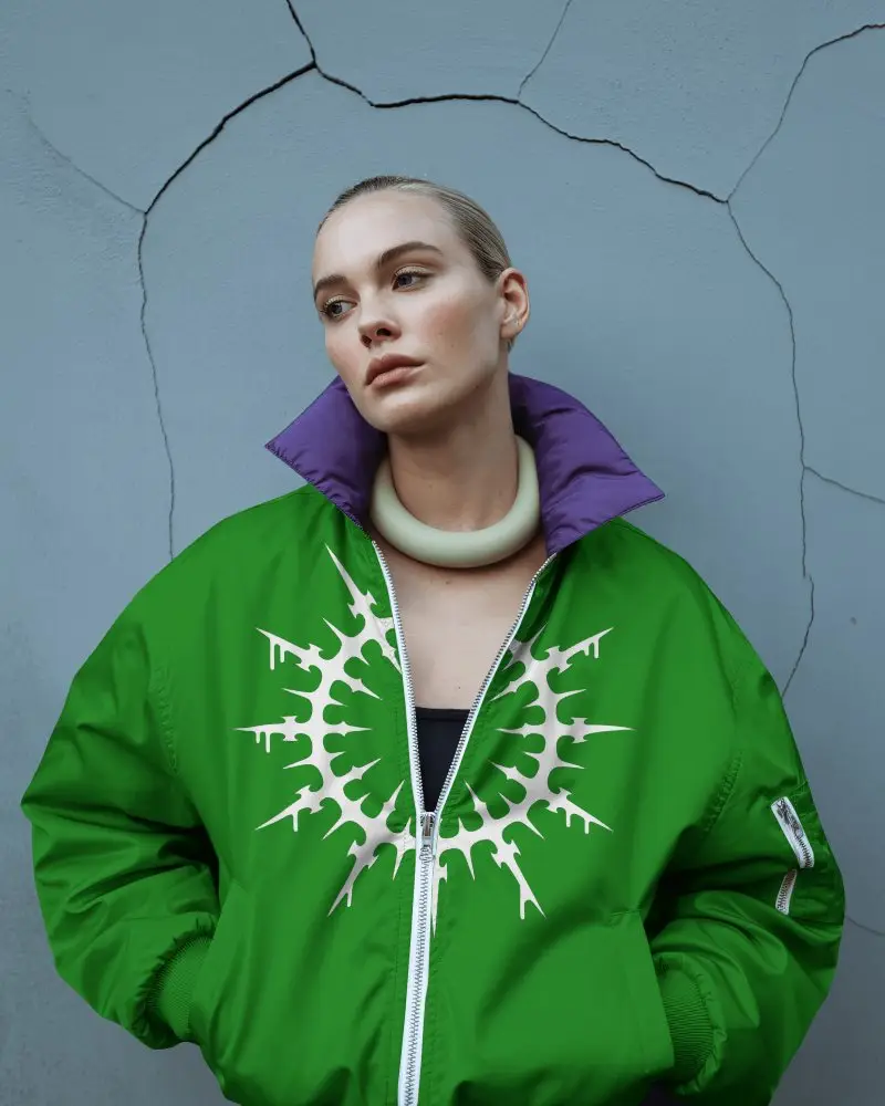 Womens Bomber Jacket Mockup Fashion Model Against Textured Wall Modern Editorial Style