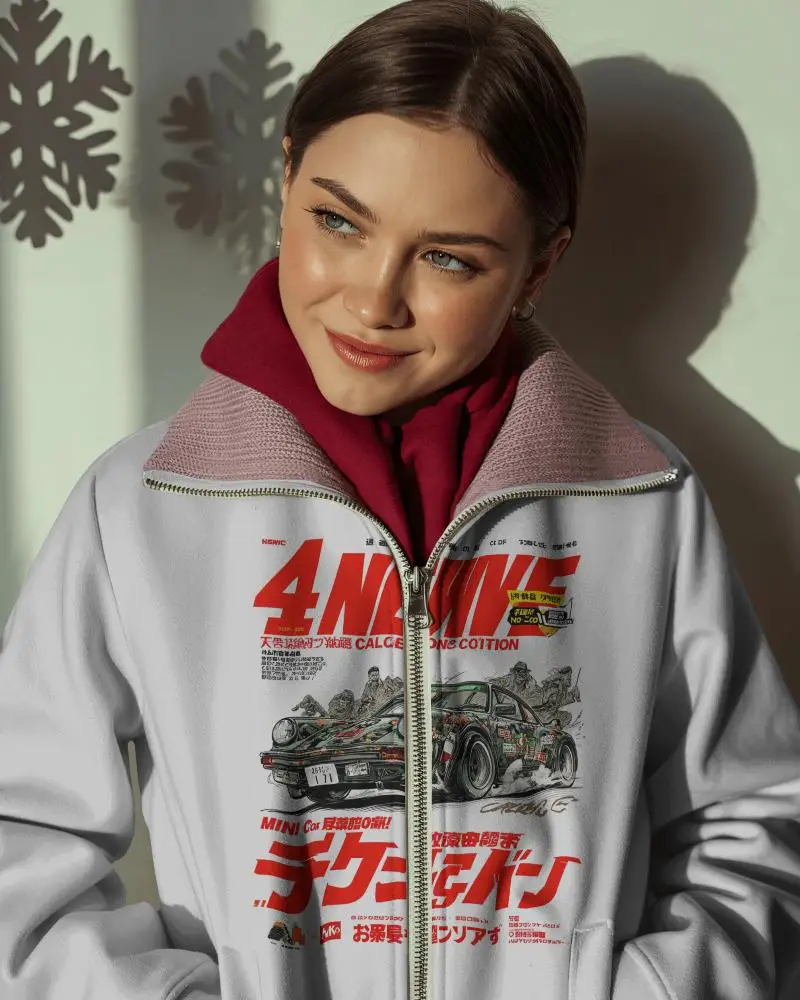 Winter Womens Jacket Mockup Soft Sunlight Smiling Model Cozy Seasonal Fashion Editorial