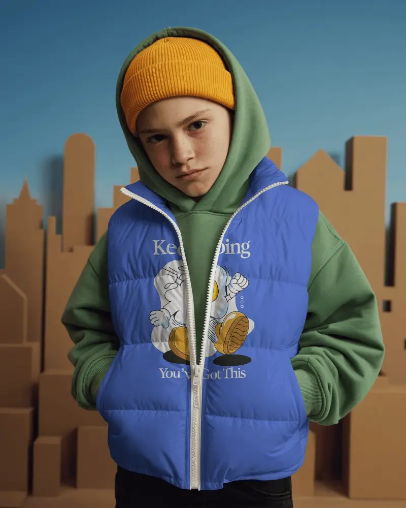 Kids Puffer Vest Jacket Mockup Boy Model Urban Backdrop Winter Streetwear Style