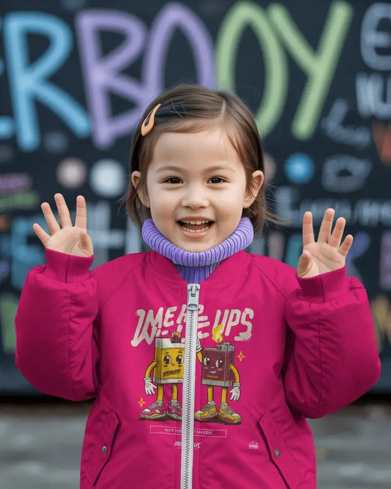 Childrens Bomber Jacket Mockup Smiling Girl Front View Fun Creative Background
