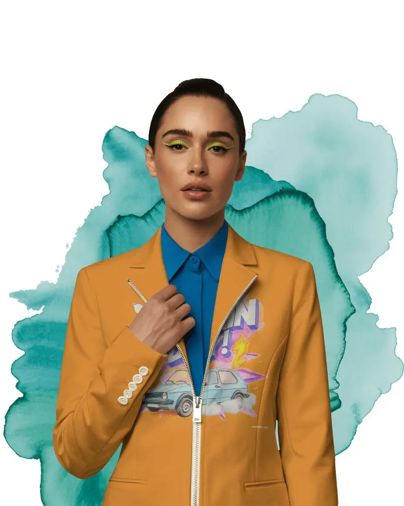Womens Tailored Jacket Mockup Front View Fashion Model Artistic Watercolor Backdrop