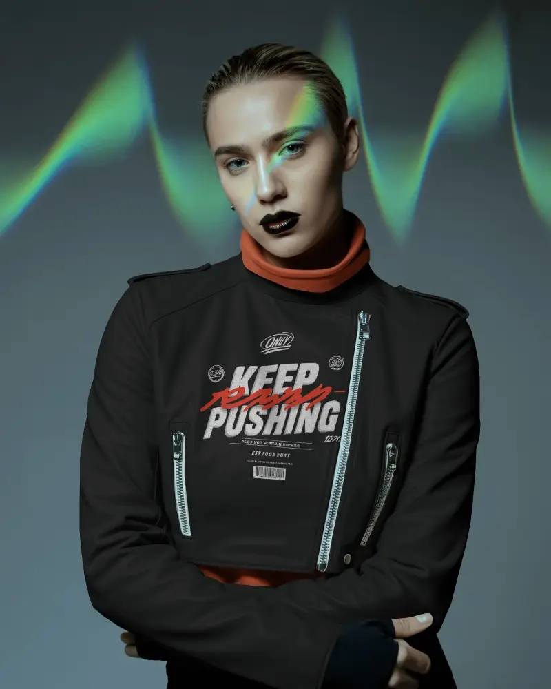 Womens Leather Jacket Mockup Fashion Model With Iridescent Light Effects Modern Editorial