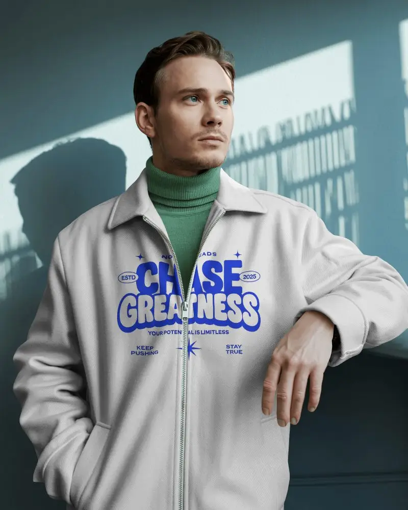 Mens Jacket Mockup Relaxed Male Model Leaning Pose Soft Window Light Modern Editorial