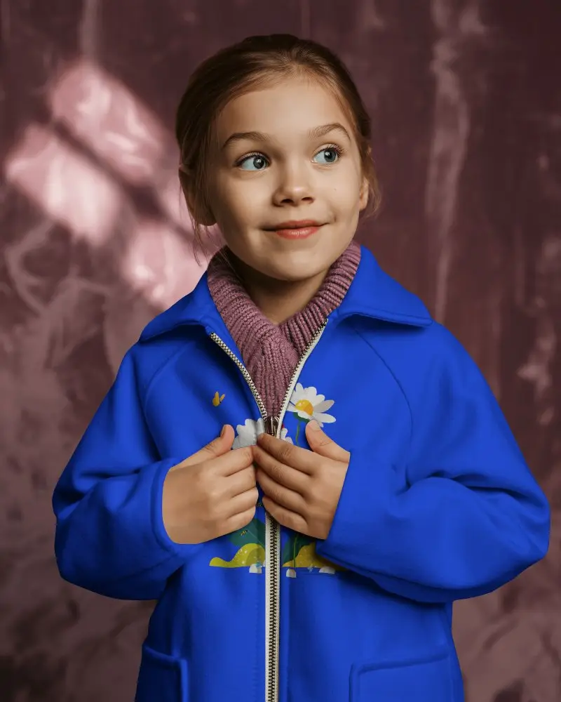 Kids Jacket Mockup Smiling Young Girl Front View Soft Studio Lighting Cozy Fashion
