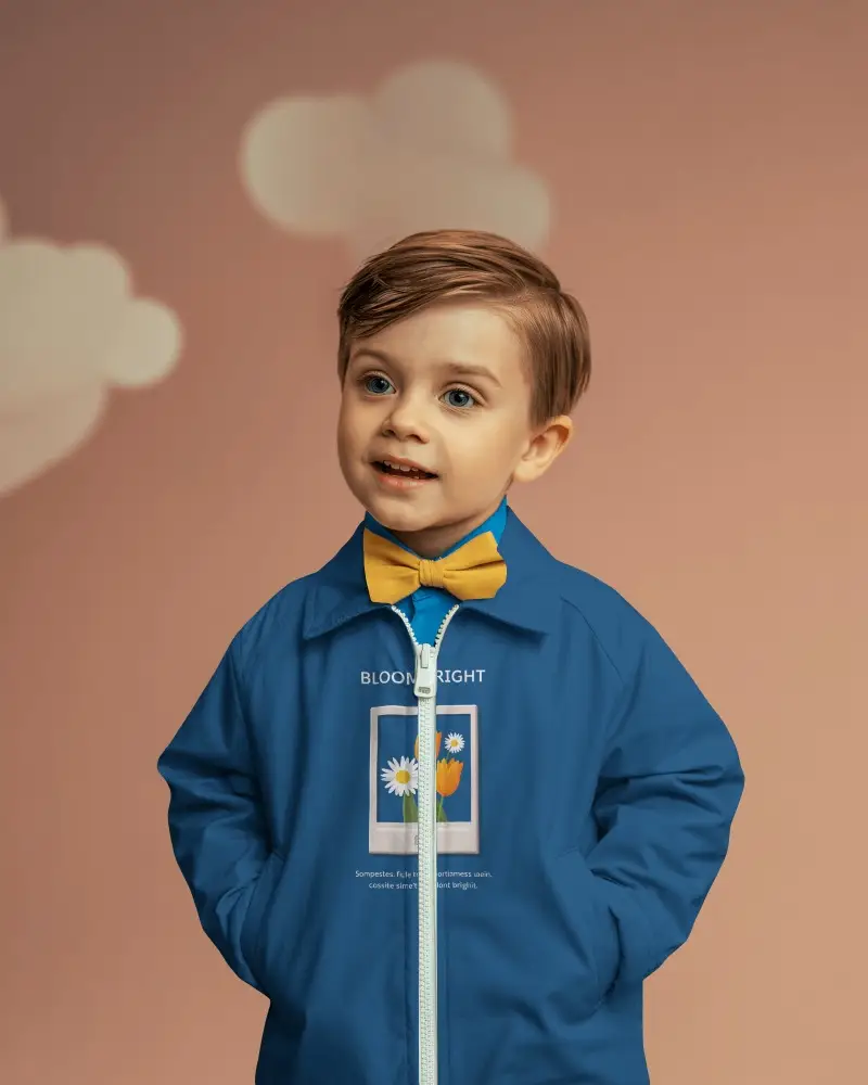 Toddler Jacket Mockup Cute Boy Front View Soft Pastel Cloud Background Playful Style