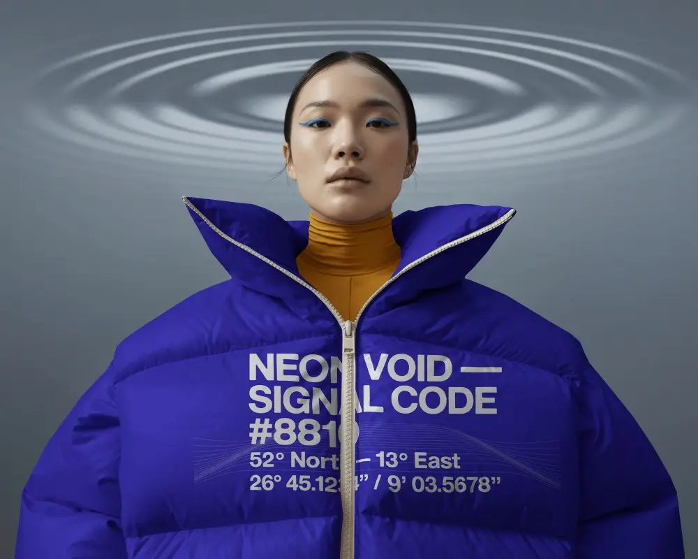 Womens Oversized Puffer Jacket Mockup Futuristic Studio Portrait With Ripple Light Effect