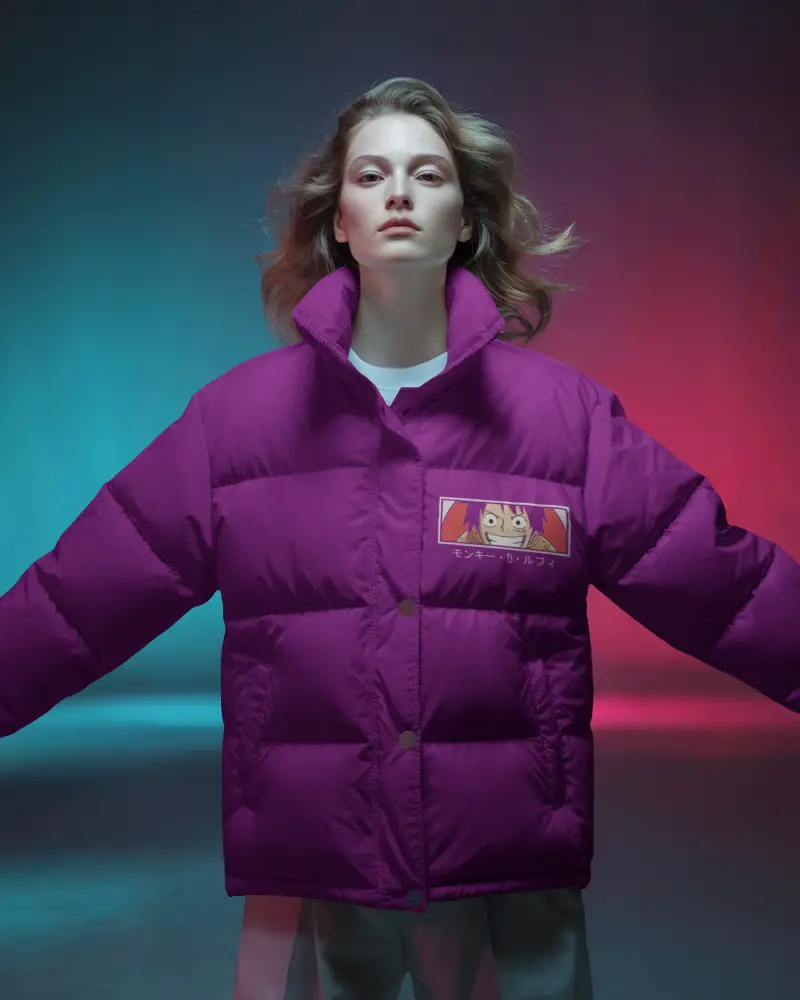 Front Facing Jacket Mockup Female Model Confident Pose With Clean Background And Fashion Focus