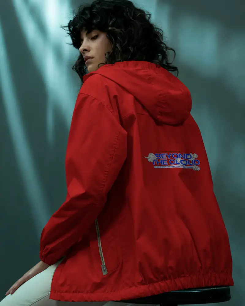 Urban Back View Jacket Mockup Female Model Standing Casually With Soft Depth And Editorial Street