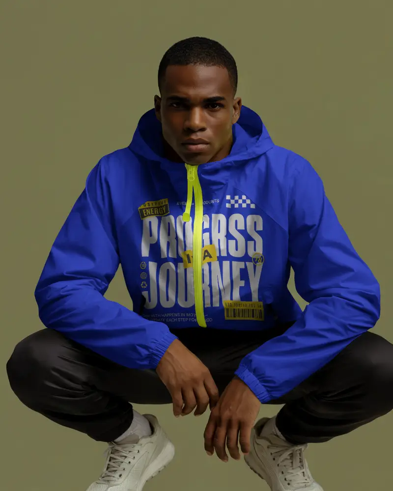 Athletic Crouching Jacket Mockup Male Model Dynamic Posture Studio Shot For Activewear Branding Use